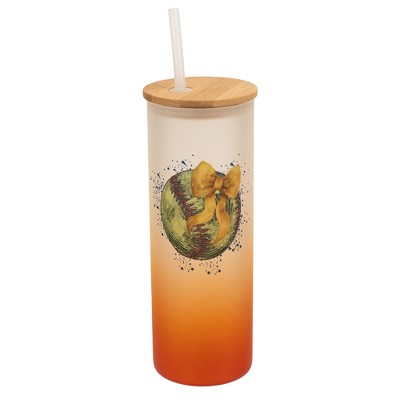 Elanze Designs 25 Ounce Frosted Glass Gradient Travel Tumbler With Straw and Wooden Lid, Softball With Gold Bow Orange
