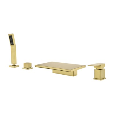 Cobbe Bathroom Brushed Gold Bathtub Faucet Set with Handheld Shower and 10.24-Inch Wide Waterfall Spout Single Handle Dual 4-Hole Installation