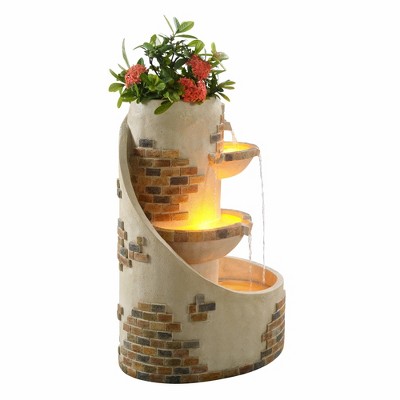 Ivory 3-Tier Cascading Outdoor Water Fountain with Planter and LED Lights