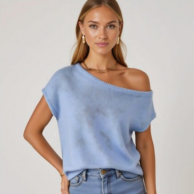Knit & Lounge Women’s Off Shoulder Knit Sweater Short Sleeves Relaxed Fit Ribbed Hem Soft Pullover Top