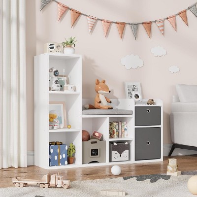 COUCHETA 36.2 Inch Tall Kids Bookshelf and Storage Bench, 3-in-1 Design with Soft Cushion Seat and Anti-Tip Safety,White