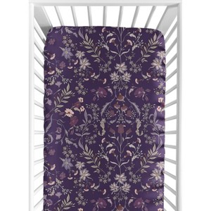 Sweet Jojo Designs Girl Baby Fitted Crib Sheet Boho Floral Wildflower Plum Purple and Teal - 1 of 4
