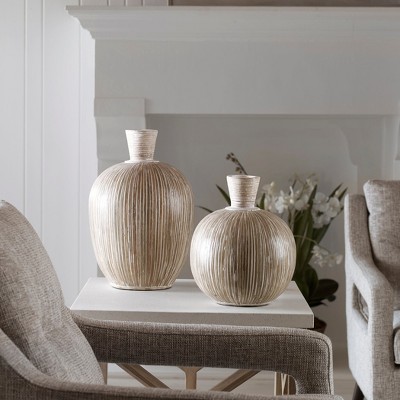 Whitewashed Terracotta and Bamboo Decorative Vase Set