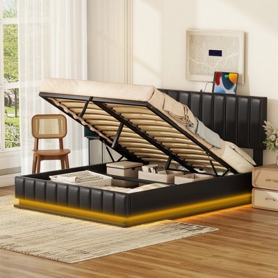 Lift Up Storage Bed Frame with Charging Station & Led Lights, Upholstered Platform Bed with Headboard, Hydraulic Lift System