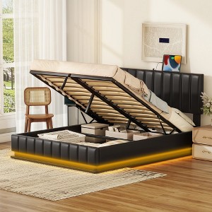 Lift Up Storage Bed Frame with Charging Station & Led Lights, Upholstered Platform Bed with Headboard, Hydraulic Lift System - 1 of 4