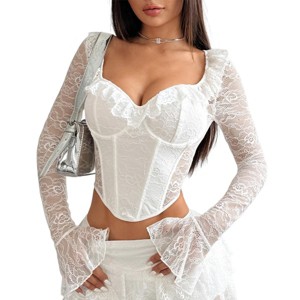 Clearlove Lace Corset Top Bell Cuffs Long Sleeve Ruffle Trim Bustier Sweetheart Neckline Semi-sheer Sexy Crop Slim Fit Top for Women, White - S - 1 of 4