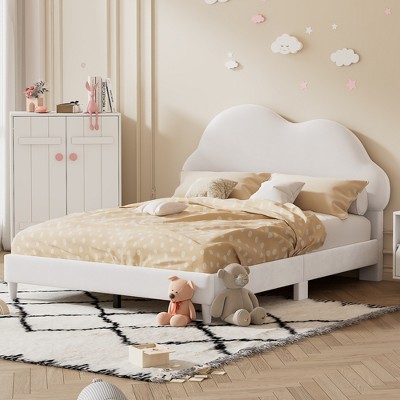 Full Size Upholstered Platform Bed With Cloud-shape Headboard, Beige ...