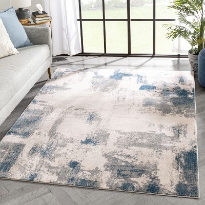 Reversible Rectangular Grey Blue Synthetic Area Rug 5' x 7'