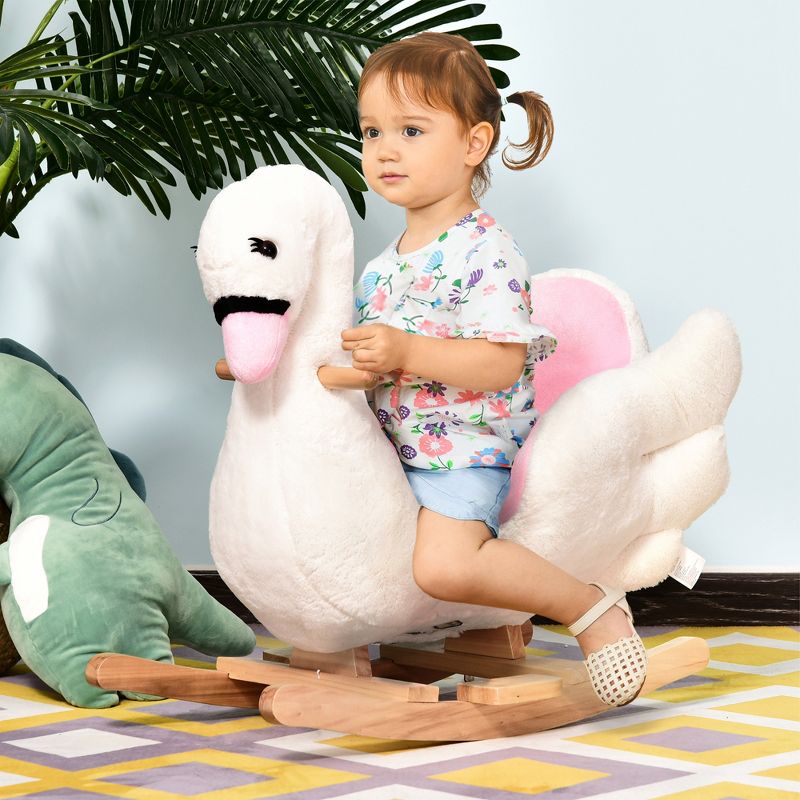 Qaba Kids Ride On Rocking Horse Plush Swan Style Toy with Music for Over 18 Months Children, White and Pink, 4 of 10