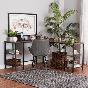 Baxton Studio Lydia Modern Walnut Brown Finished Wood and Black Metal L-Shaped Corner Desk with Shelves - 1 of 4