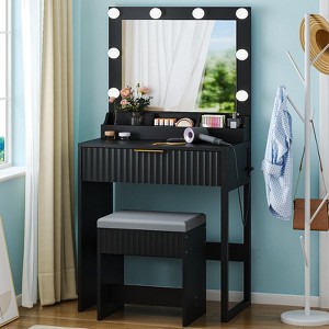 White Particle Board Veneered with Textured Melamine, 1-drawer 3-compartment Dressing Table Set with 8 Three-color Dimmable Bulbs - 1 of 4