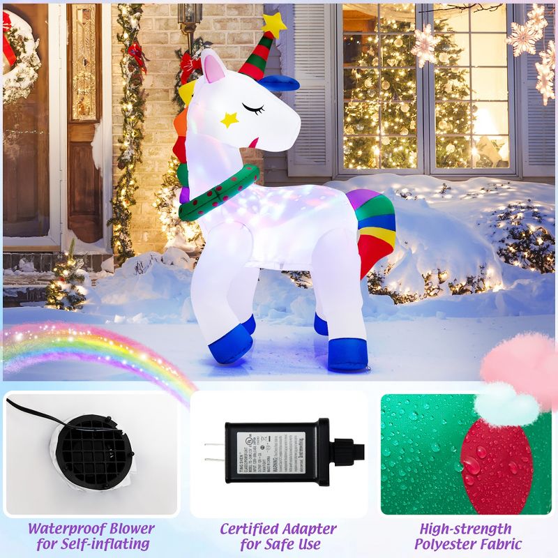 Costway 6FT Tall Christmas Magic Unicorn, Inflatable Unicorn Decoration with Rainbow Tails & Christmas Wreath, 5 of 10