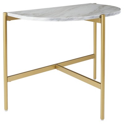 Crescent Moon Shaped Marble Top Metal Chair Side End Table White/Gold - Benzara