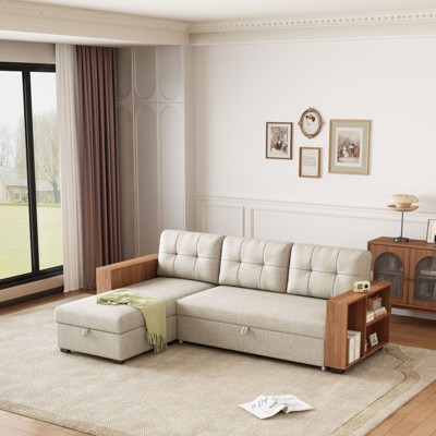 FURNIinspire Upholstered Pull Out Sectional Sofa with Storage Chaise, Convertible Corner Couch, Beige-Wooden, 84*28*33.75