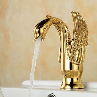 Gold Polished Brass Swan Single Handle Bathroom Faucet