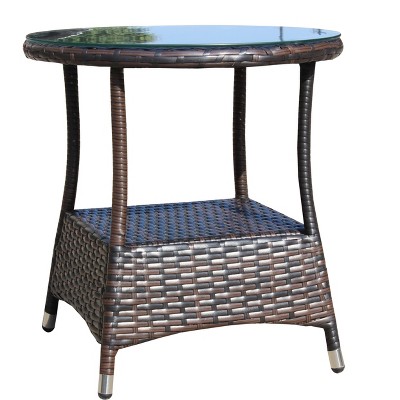 Vynxaria Patio Coffee Tables - 21" Round Brown Wicker Outdoor Table with Tempered Glass
