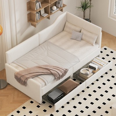 Twin Size Upholstered L-Shaped Daybed with Corduroy Frame, Semi-Enclosed Design and 2 Large Storage Drawers-Maison Boucle