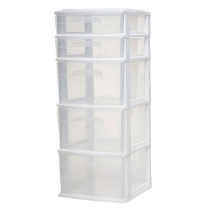 Homz Storage Cart, Medium 5 Drawer Plastic Rolling Container with Casters for Home and Office Organization, White Frame with Clear Drawers - 1 of 4