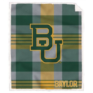 NCAA Baylor Bears Plaid Steel Royal Plush Faux Shearling Blanket - 1 of 3