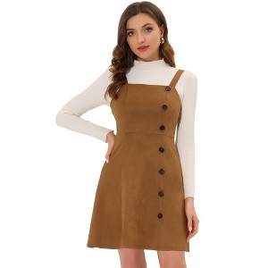 Allegra K Women's Faux Suede Button Decor A-Line Mini Overall Dress - 1 of 4