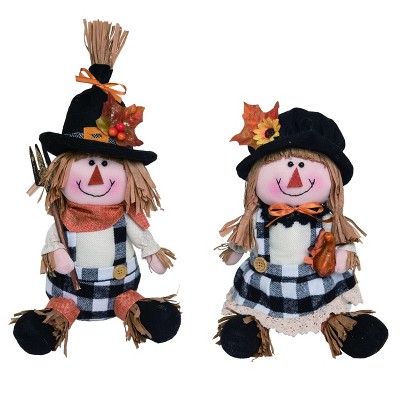 Transpac Fabric 10 in. Multicolor Harvest Plush Buffalo Check Scarecrow Sitter Set of 2