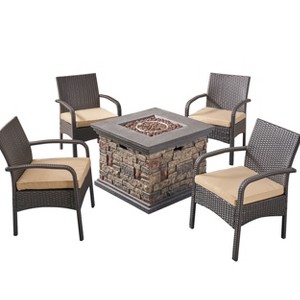 GDFStudio Kilburn Outdoor Wicker 5 Piece Club Chair and Fire Pit Set with Cushion - 1 of 4