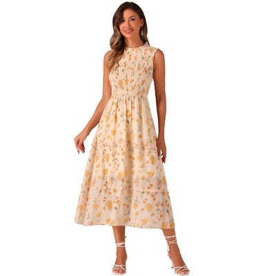 INSPIRE CHIC Women's Sleeveless Floral Ruffles Crew Neck Chiffon Smocked Sundresses