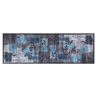 Washable Runner Rug, Modern Floral Geometric Grey Hallway Carpet, Soft Low-Pile Runner for Kitchen, Bathroom, Bedroom, Laundry & Hallway Use