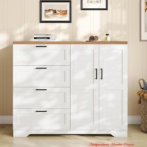 Wooden Storage Cabinet, Freestanding Wardrobe w/ 1 Hanging Rod, Side Organizer w/ 4 Drawers and Double Doors - 1 of 4