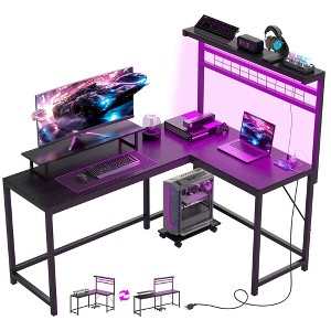 HOMCOM 61.6" L Shaped Desk with Power Outlets & LED Lights, Convertible Computer Desk with Monitor Stand and Computer Shelf for Home Office - 1 of 4
