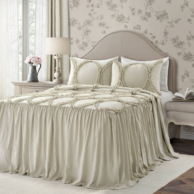 Elegant Neutral King Bedspread Set with Ruffled Ribbon Embroidery