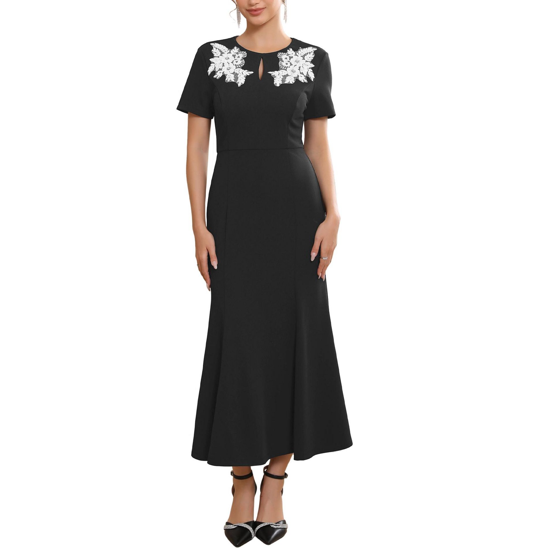 INSPIRE CHIC Women's Floral Embroidered Crew Neck Keyhole Shot Sleeve Evening A-Line Maxi Dresses