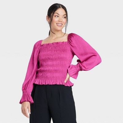 Women&#39;s Puff Long Sleeve Slim Fit Smocked Top - A New Day&#8482; Magenta XL