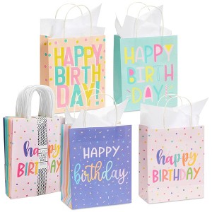 Sparkle and Bash 24 Pack 8 x 10 x 4 Inch Happy Birthday Gift Bags with Handles and 24 Sheets White Tissue Paper, 4 Pastel Colors - 1 of 4