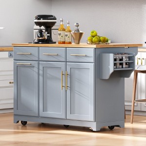 Okak Kitchen Island with Rubber Wood Drop Leaf, Kitchen Island On Wheels with Trash Can Storage and Power Outlet, Kitchen Cart for Dining Room - 1 of 4