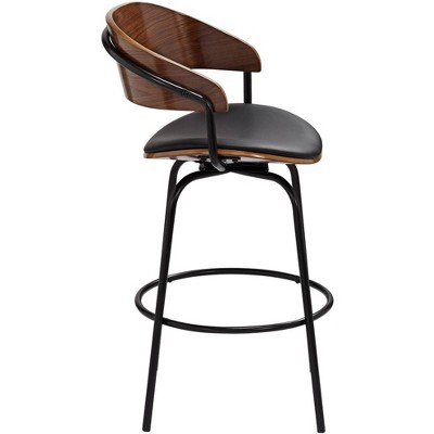Larsen 26" Mid-Century Modern Swivel Bar Stool in Black Faux Leather & Walnut