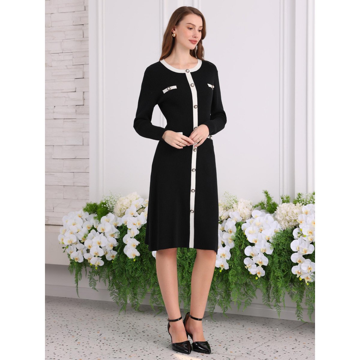 Женские платья INSPIRE CHIC Women's Knit Long Sleeve Contrast Color Midi Sweater Dress Black Small — фото 2