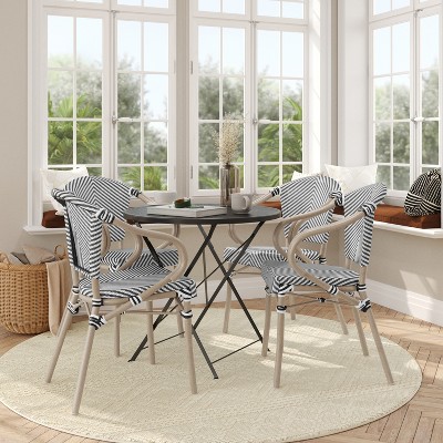Set of 4 Black and White Fabric Dining Chairs with Light Brown Aluminum Frame