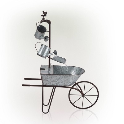 36" Silver Metal Wheelbarrow and Watering Can Fountain