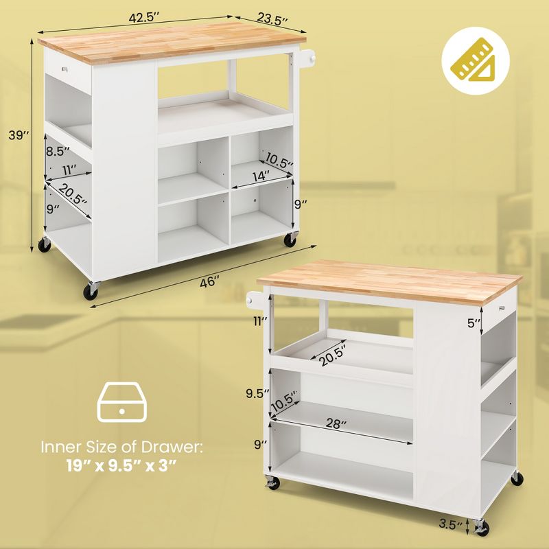 Costway Kitchen Island Trolley Cart on Wheels with Storage Open Shelves & Drawer White/Brown, 3 of 11