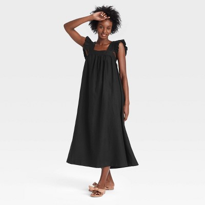 short sleeve black linen dress