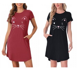 INSPIRE CHIC Women's 2 Pcs Cats Printing Pajamas Cute Printed Sleep Dress Short Sleeve Nightgowns - 1 of 4