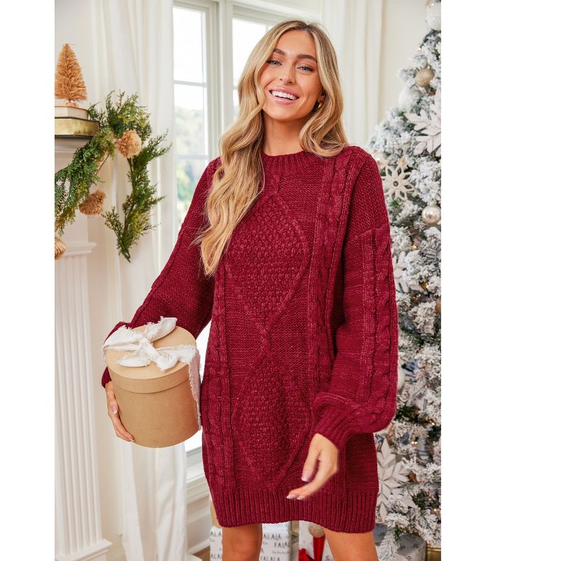 Women's Red Drop Sleeve Cable Knit Sweater Dress - Cupshe, 3 of 7