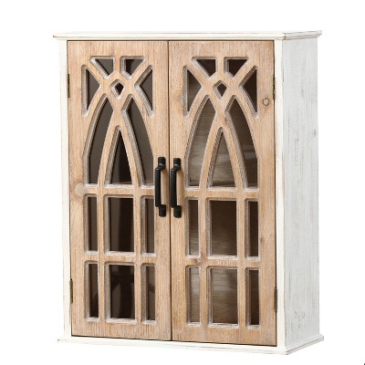 Farmhouse White and Natural Wood Cathedral-Style Wall Cabinet