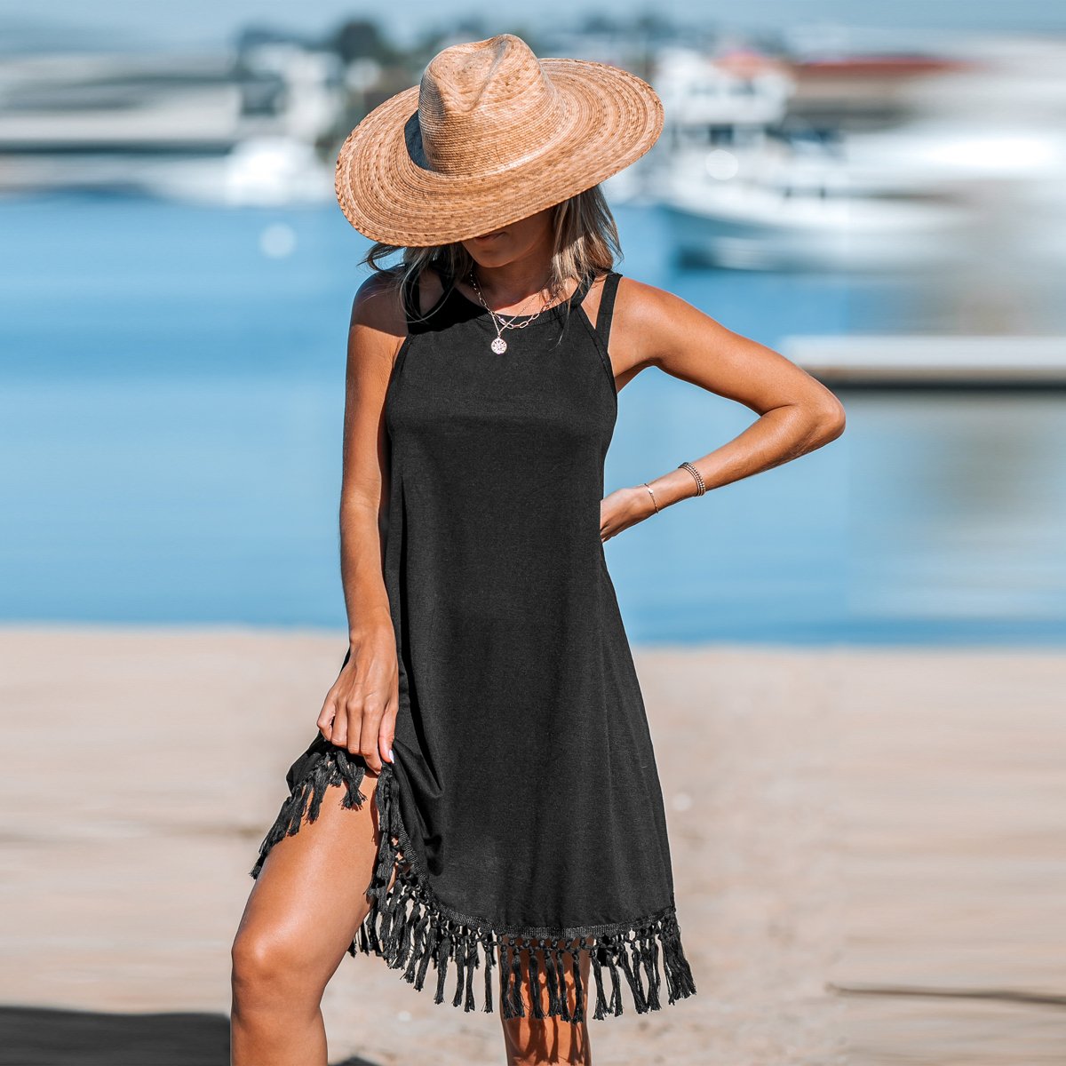 Женские платья Cupshe Women's Boho Chic Tassel Trim Sleeveless Swing Dress - Cupshe-S-Black — фото 4