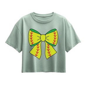 Girls' - Instant Message - Softball Bow Short Sleeve Boxy Graphic T-Shirt - 1 of 3