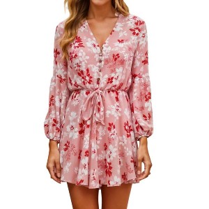 Women's Floral Print Mini Dress with Tie Waist and Button Detail - Knit & Lounge - 1 of 4