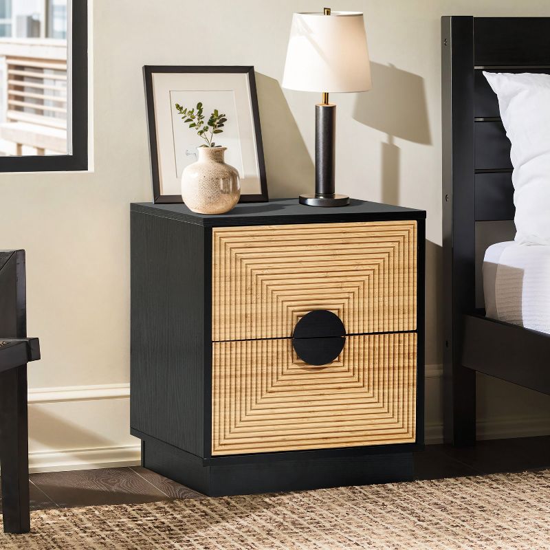 LuxenHome Modern Boho 2-Drawer Black Side Table with Bamboo Strips Brown, 2 of 9
