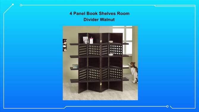 4 Panel Book Shelves Room Divider Walnut - Ore International, 2 of 6, play video