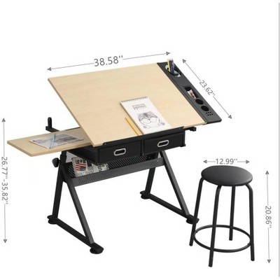 Diagram of drafting table with dimensions labeled 38.58 inches wide and other measurements.